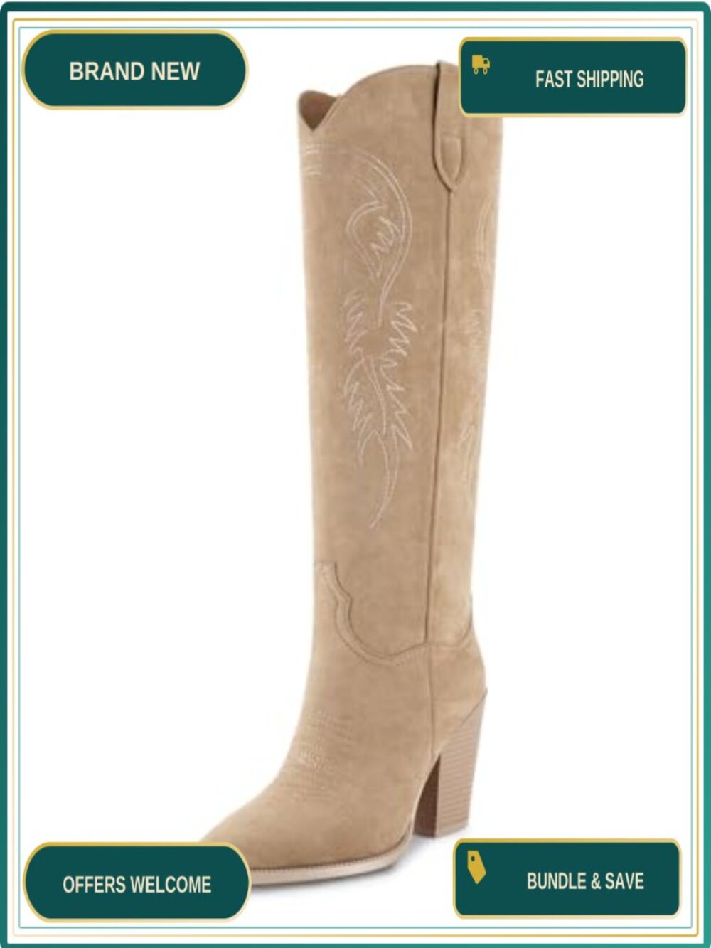 Faux Suede Knee High Cowboy Boots Women Embroidered Western Pointed Toe Block